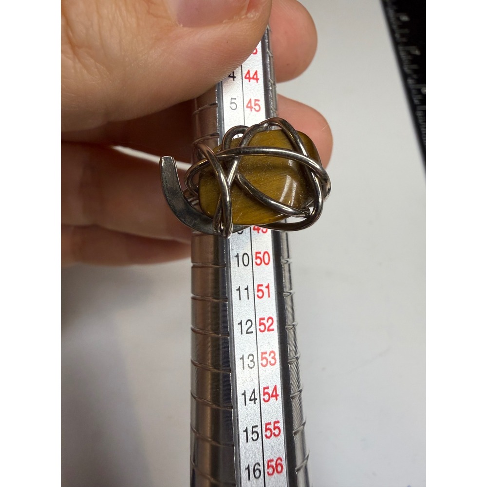 Tigers Eye Wire Wrapped Cage Ring Silver Tone Size 8.5 Statement Jewelry